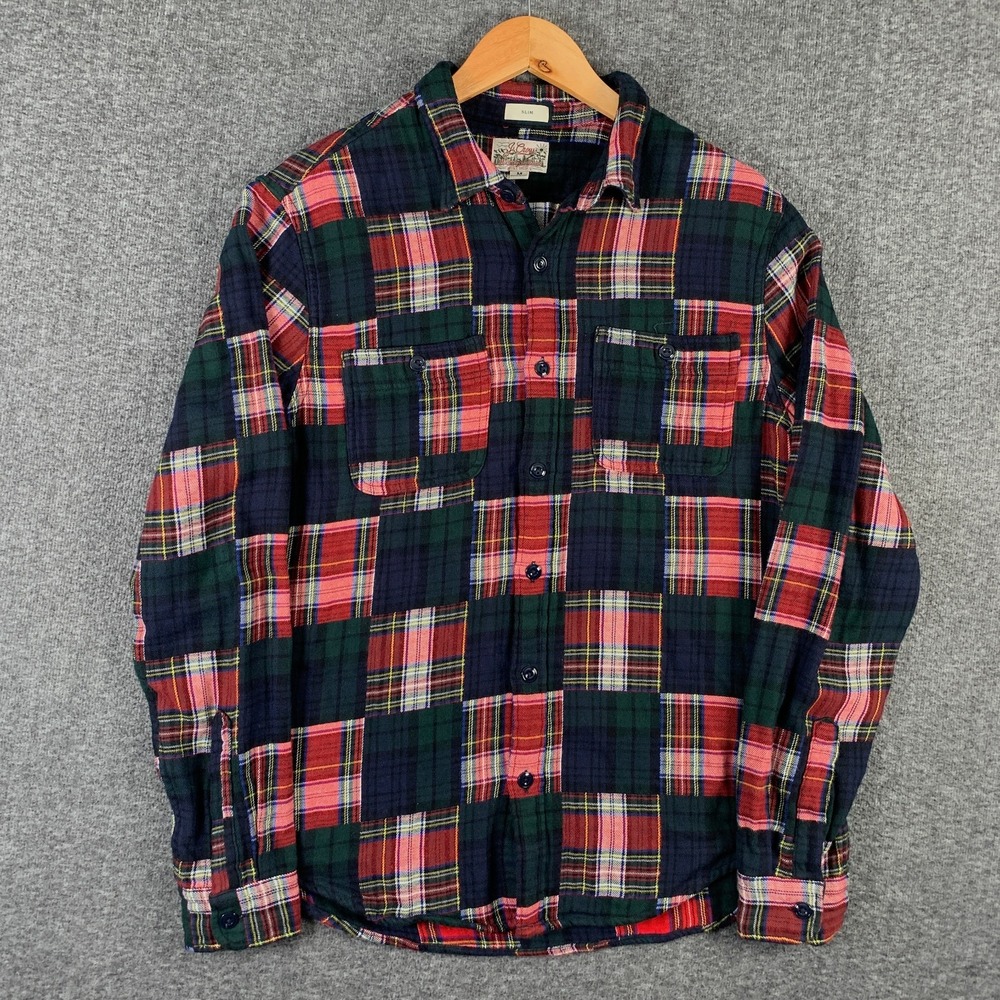 J Crew Flannel Shirt Men Medium Slim Patchwork Plaid Double Brushed